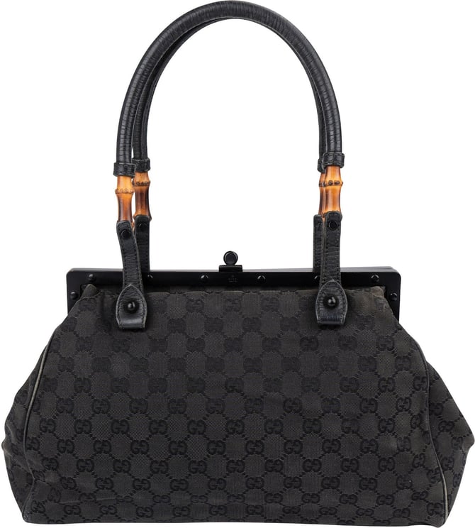 Gucci Gucci Black Leather GG Canvas Bamboo Frame Shoulder Bag