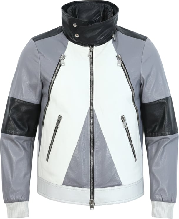 Gucci Gucci Litriang Leather Biker Jacket in Metallic Gray x White x Black, 48 IT