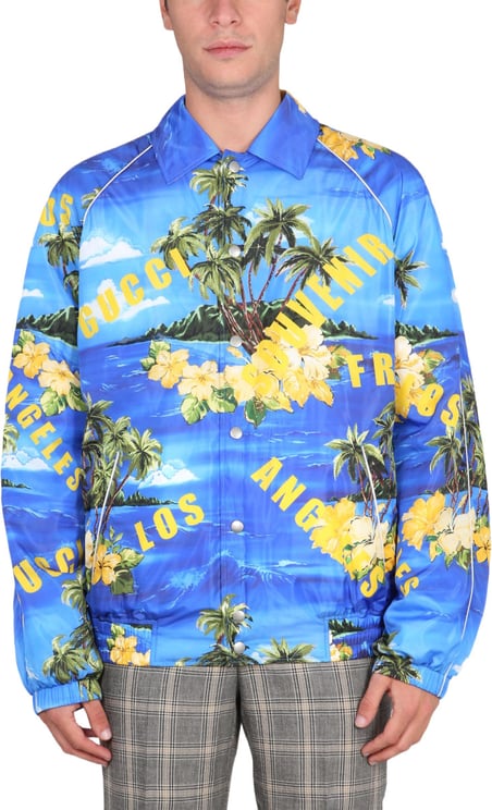 Gucci Nylon Jacket With Tropical Print And Yellow Accents