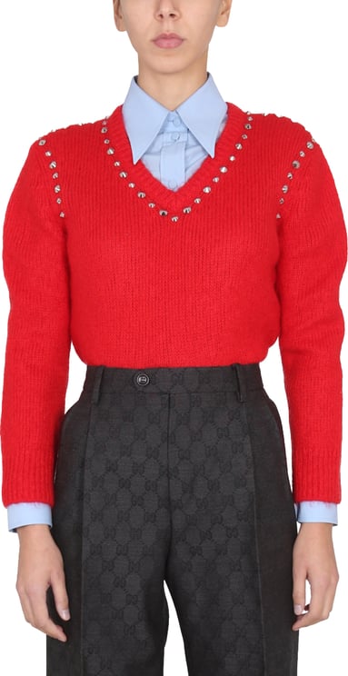 Gucci V-Neck Mohair Sweater with Studded Accents