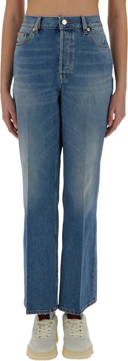 Gucci Straight-Leg Denim Pants with Iconic Logo Label