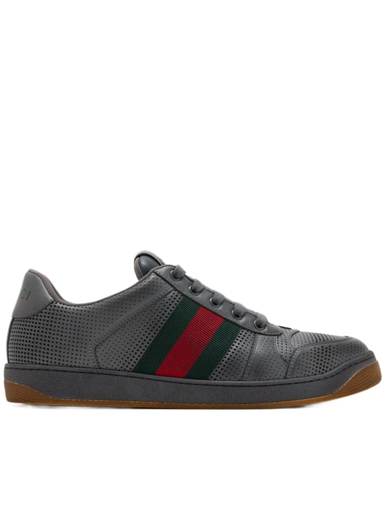 Gucci Dark Grey Perforated Leather Sneaker With Green And Red Striped Detail