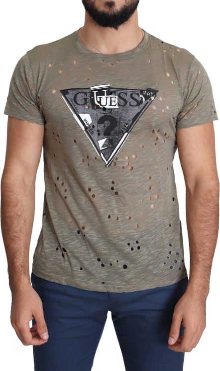 Guess Guess Brown Cotton Stretch Logo Print Men Casual Perforated T-shirt
