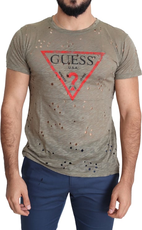 Guess Guess Brown Cotton Stretch Logo Print Men Casual Perforated T-shirt