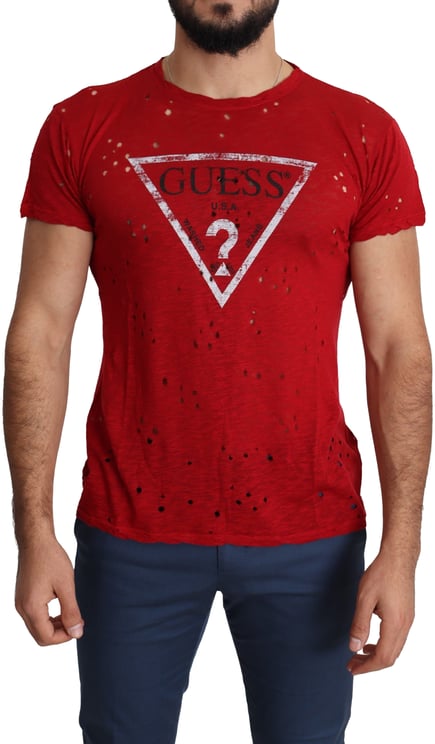 Guess Guess Red Cotton Logo Print Men Casual Top Perforated T-shirt