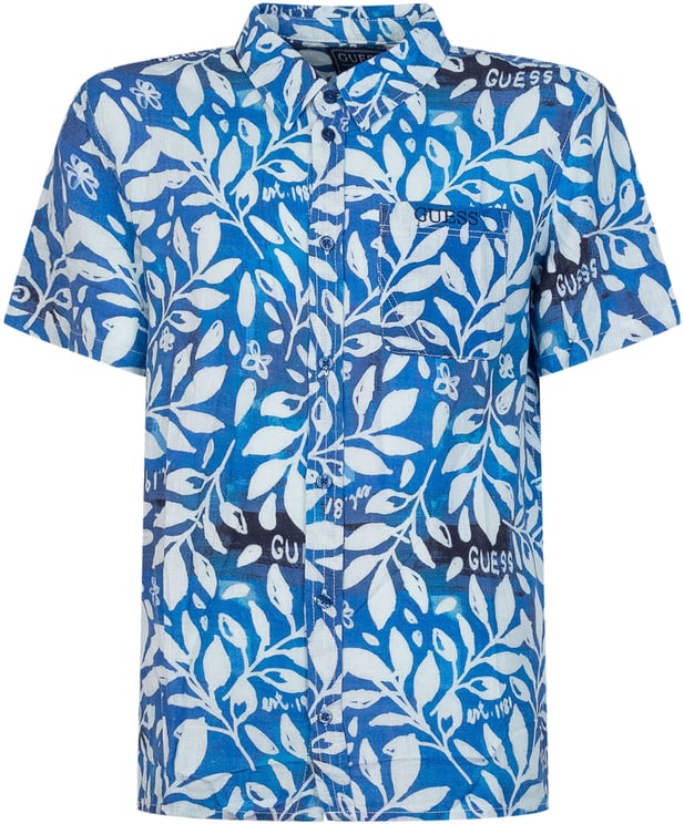 Guess Camicia Oversize a Maniche Corte con Stampa Foglie