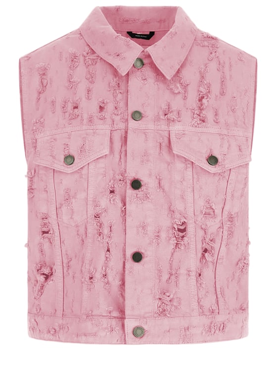 Haikure Fringed Cotton Denim Vest with Classic Collar