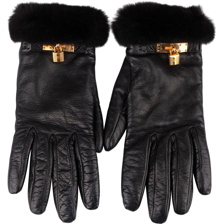 Hermès Hermès Black Leather and Fur Kelly Woman Gloves