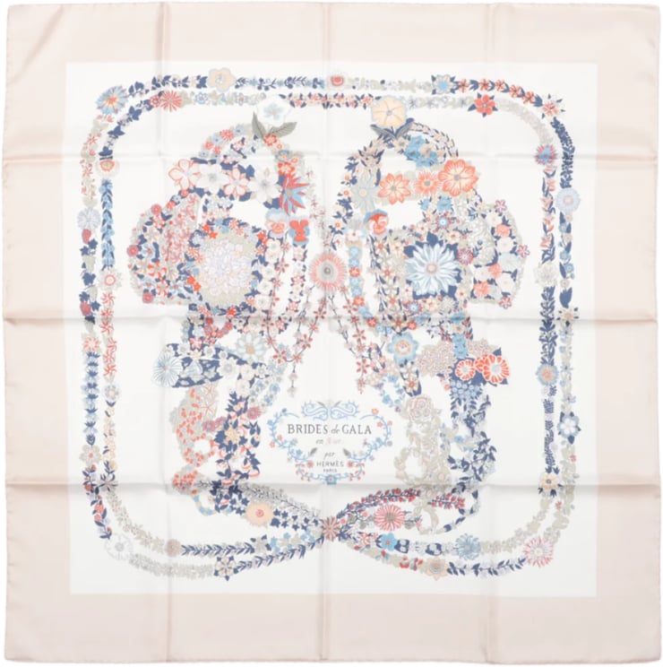 Hermès Hermès Carré 90 "RIDES DE GALA EN FLEURS" 100% Silk Scarf in Beige