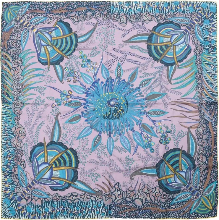 Hermès Hermès Carré 90 "FLOWERS OF SOUTH AFRICA" Silk handkerchief in Purple x Blue