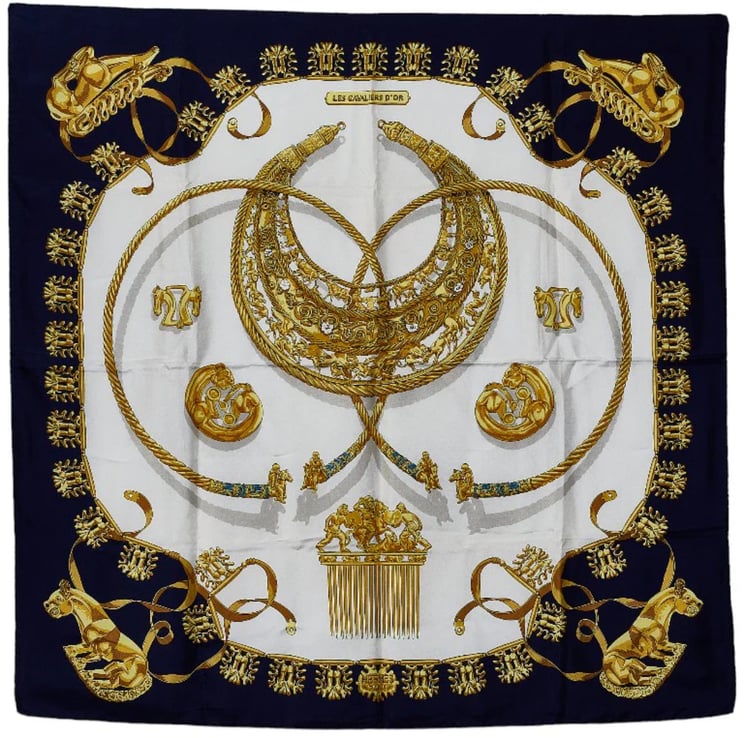 Hermès Hermès Carré 90 "LES CAVALIERS D'OR" Silk handkerchief in Navy Blue