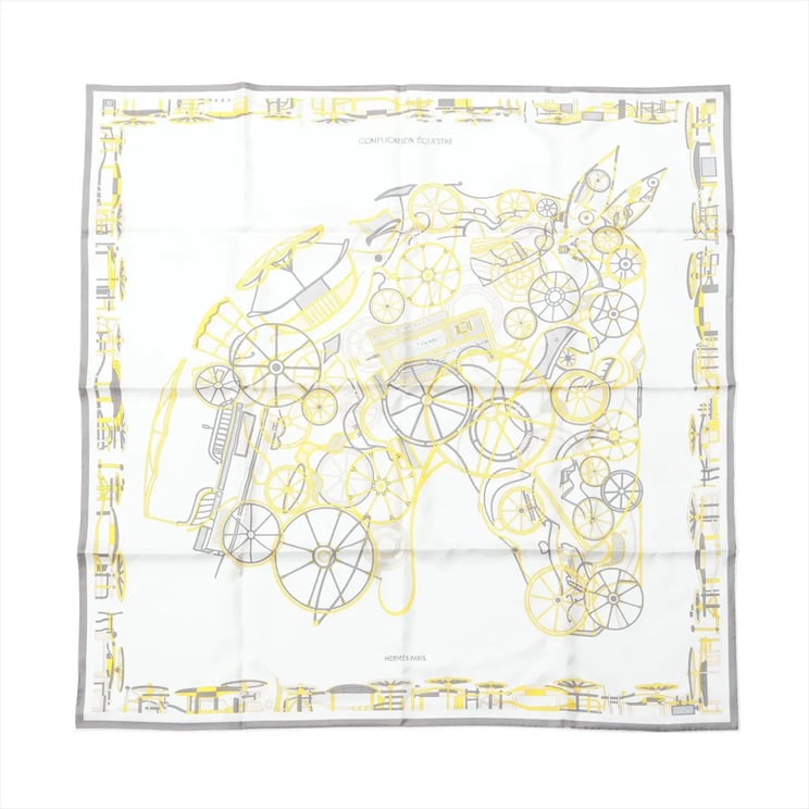 Hermès Hermès Carré 90 "COMPLICATION EQUESTR" Silk handkerchief in Gray x Yellow