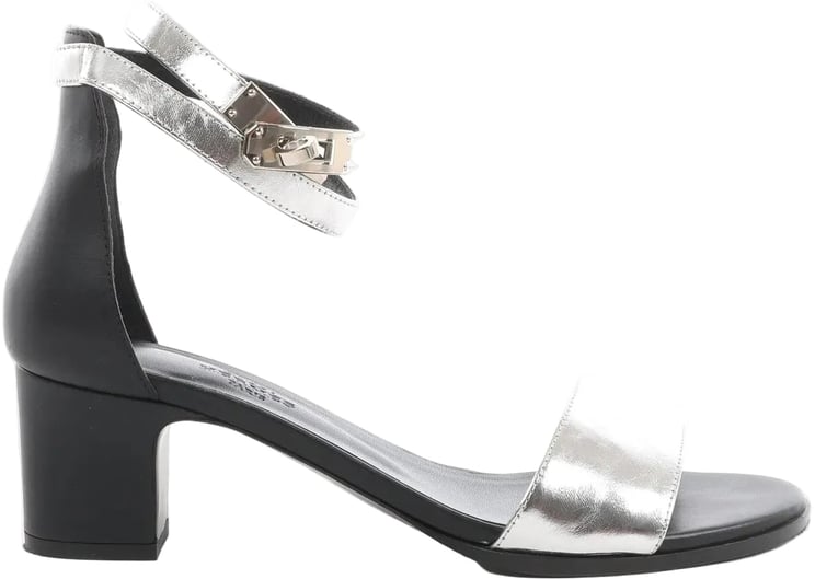 Hermès HERMES Manege Kelly Leather Sandals in Black x Silver, Size 37 EU