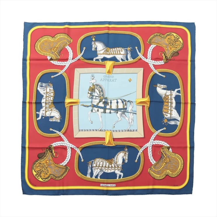 Hermès Hermès Carré 90 "GRAND APPARAT" Silk handkerchief in Navy Blue x Red