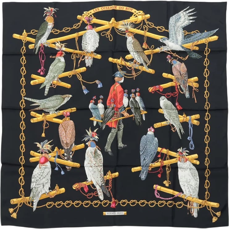 Hermès Hermès Carré 90 "LES OISEAUX DU ROY" Silk handkerchief in Black x Gold