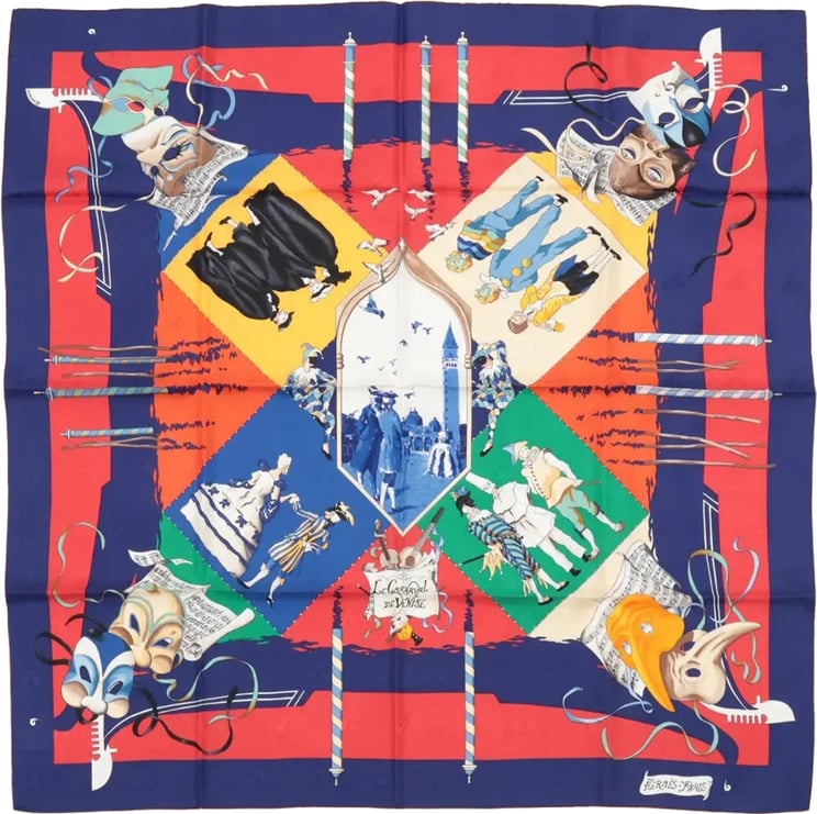 Hermès Hermès Carré 90 "LE CARNAVAL DE VENISE" Silk handkerchief in Navy Blue x Red