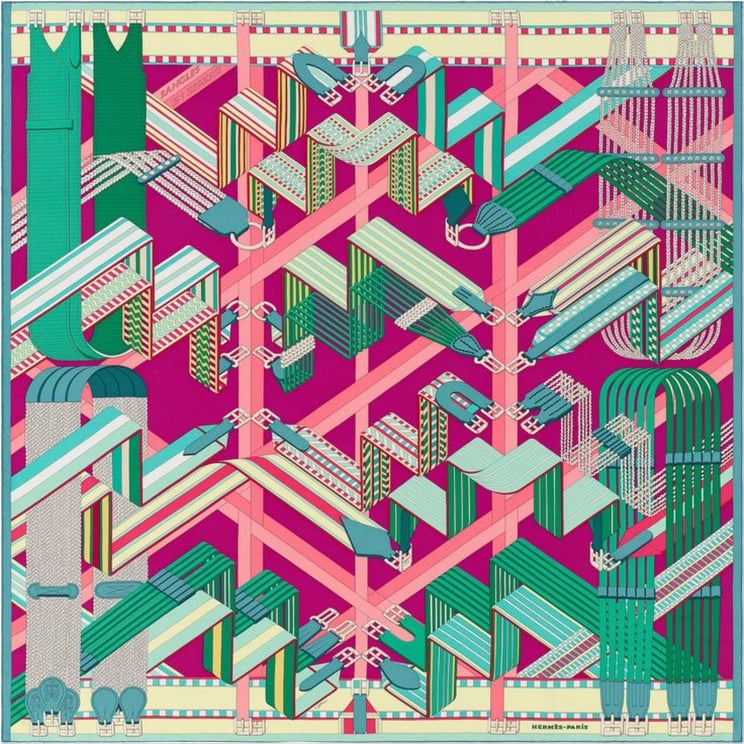 Hermès Hermès Carré Geant "SANGLES EN ZIGZAG" Cashmere and Silk Scarf in Green x Purple