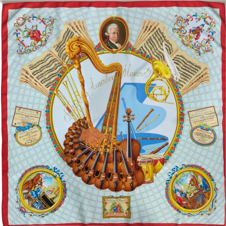 Hermès Hermès Carré 90 "Hommage à Mozart" Silk handkerchief in Red x Blue