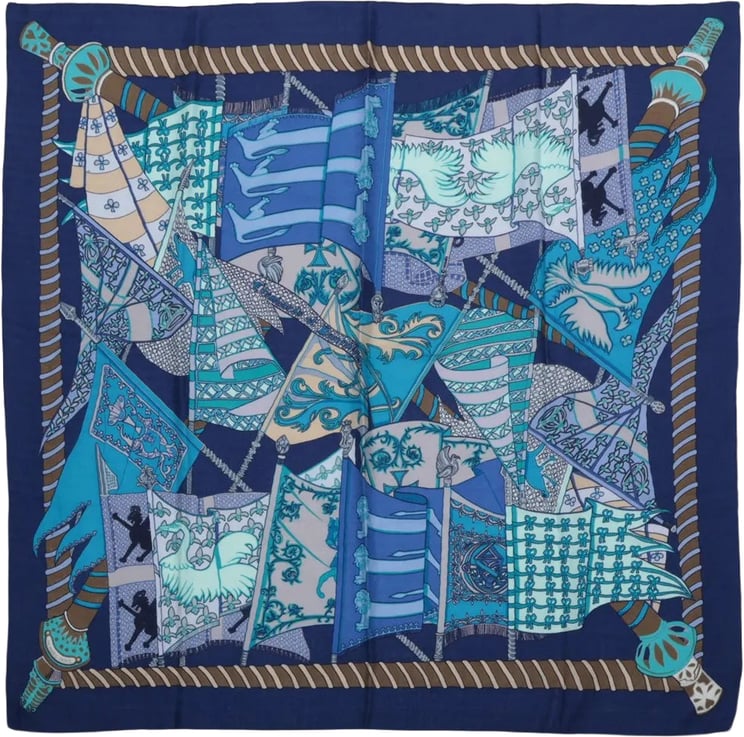 Hermès Hermès Carré 90 "Etendards et Bonnieres flag" Cashmere x Silk handkerchief in Blue