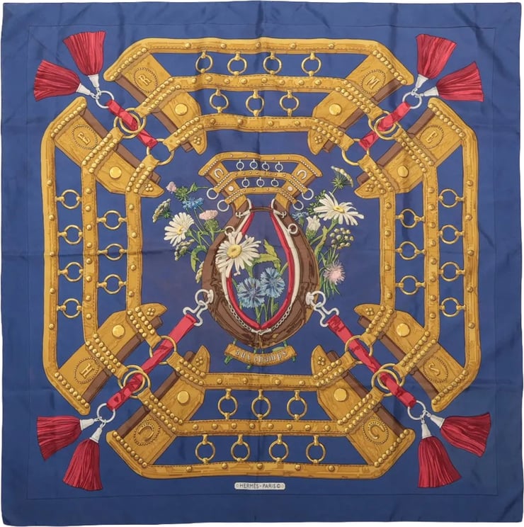Hermès Hermès Carré 90 "AUX CHAMPS" Silk handkerchief in Navy Blue