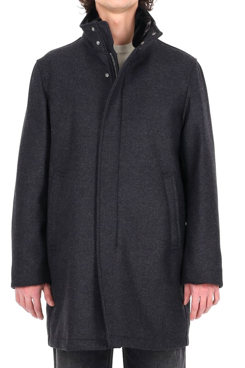 Herno Dark Grey Wool Coat with Eco-Fur Lined Collar