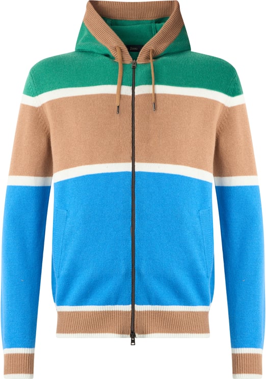 Herno Striped sweater in shades of beige, blue and green with zipper and hood