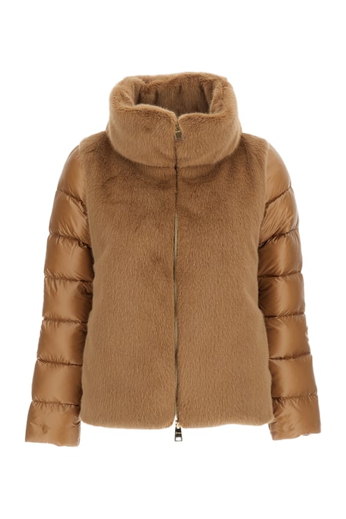 Herno High Neck Faux Fur-Lined Down Jacket with Boxy Silhouette