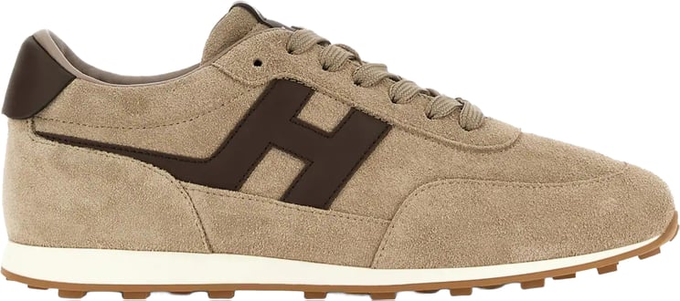HOGAN Beige Suede Low-Top Sneakers with Contrasting Dark Brown Logo