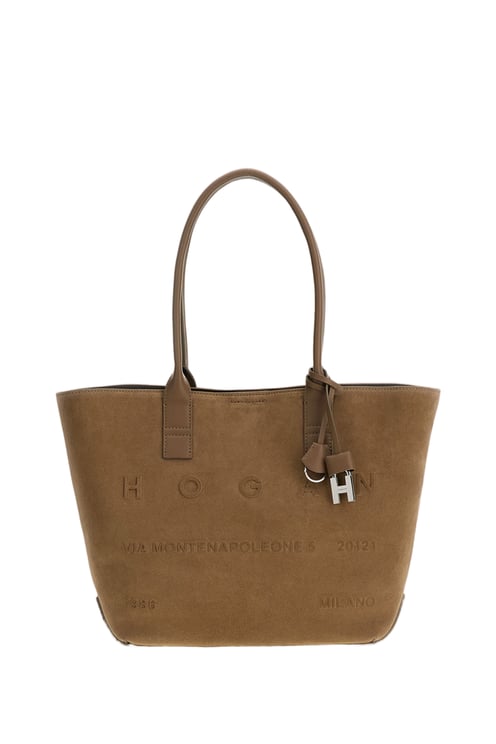 HOGAN Embossed Suede Leather Small Shopping Bag with Internal Pouch