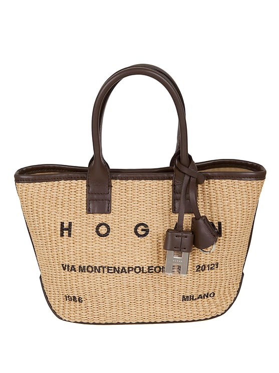 HOGAN Mini Raffia Shopping Tote with Leather Accents