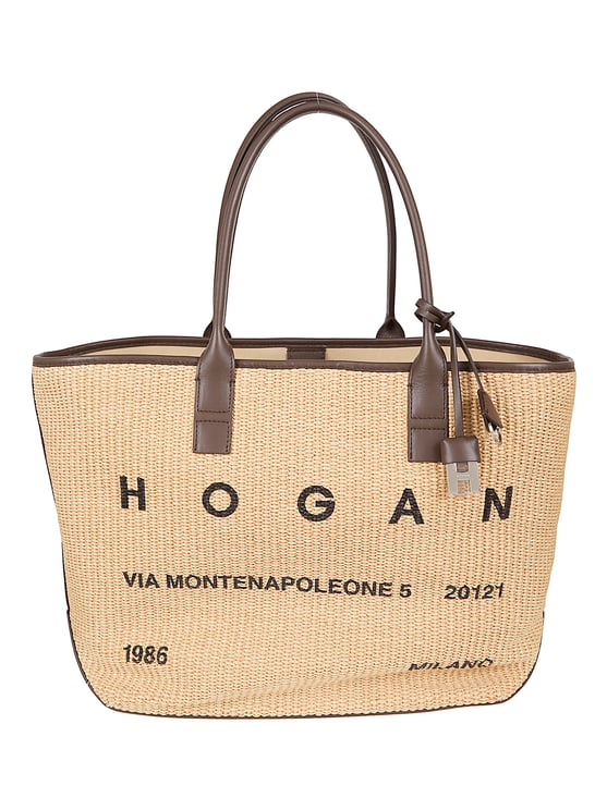 HOGAN Medium Raffia Tote Bag with Leather Trim