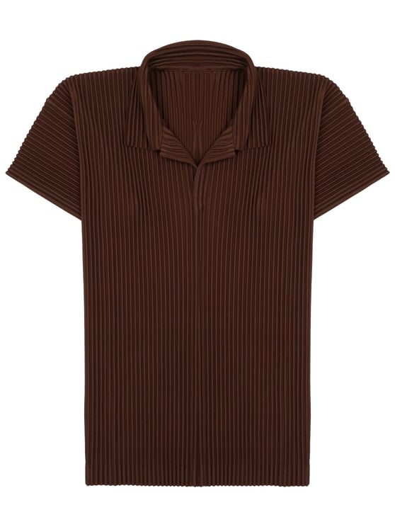 HOMME PLISSÉ ISSEY MIYAKE Short-Sleeved Pleated Brown Polo Shirt with Classic Collar
