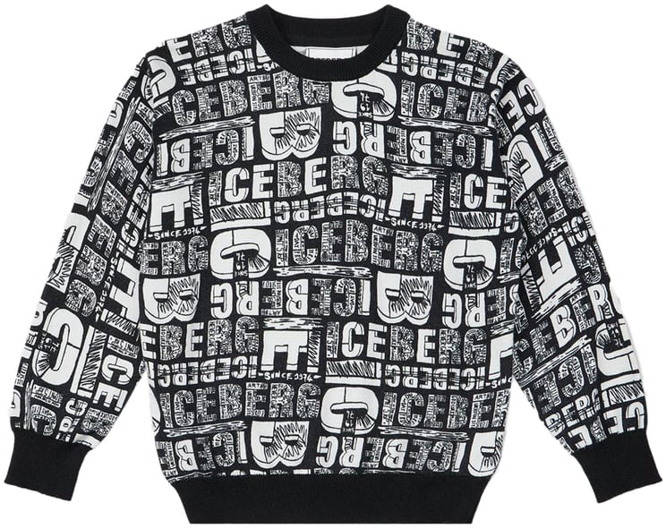 Iceberg KIDS - Black crewneck sweater with contrasting allover Iceberg logo