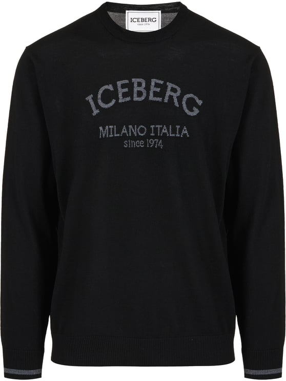 Iceberg Black crewneck sweater in extra-fine merino with Iceberg Milano Italia logo