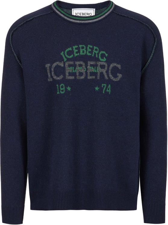 Iceberg New regular fit crew neck sweater in classic blue extra-fine merino wool