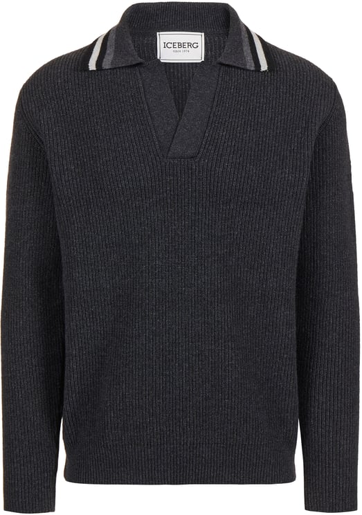 Iceberg Grey melange wool and nylon polo with striped collar