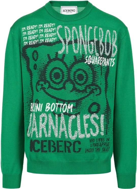Iceberg Lettuce green crewneck sweater in extrafine merino wool with cartoon inlay