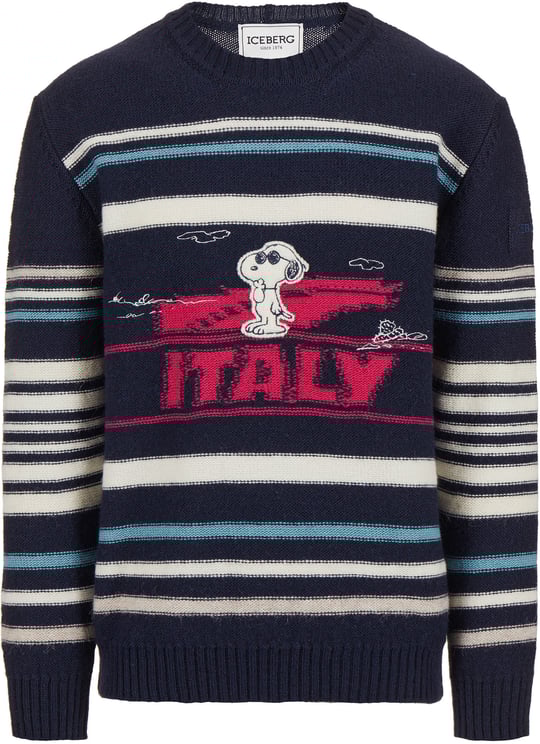 Iceberg Dark blue crewneck sweater with stripes and inlaid Snoopy