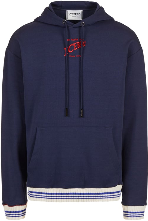 Iceberg Regular fit hoodie in blue scuba with Iceberg logo embroidery and striped ribs