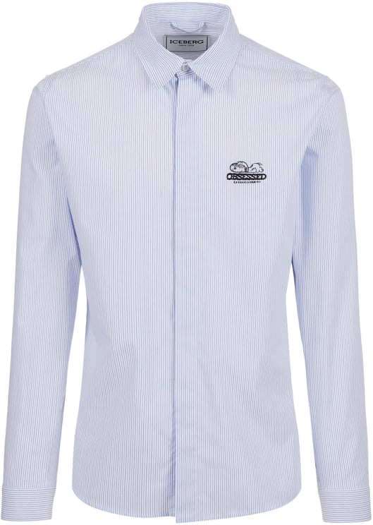 Iceberg Regular fit white and blue striped poplin shirt with Snoopy embroidery and metallic detail