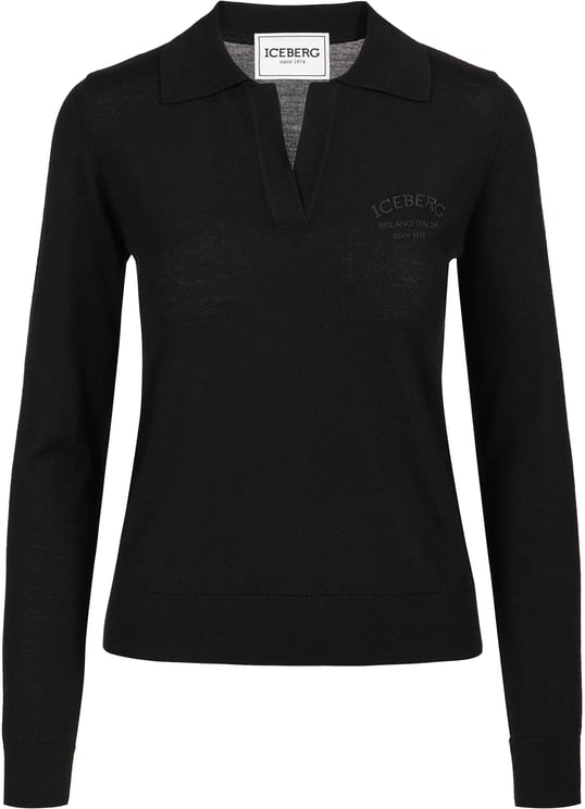 Iceberg Black long-sleeved polo shirt in extra-fine Merino wool with Iceberg logo