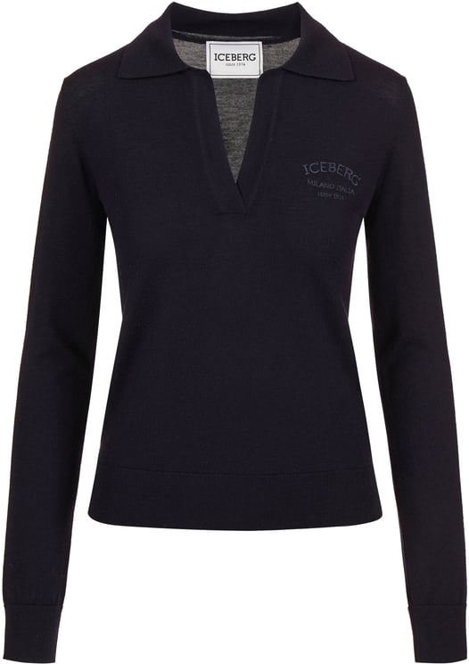 Iceberg Polo blu a manica lunga in lana Merinos extrafine con logo Iceberg