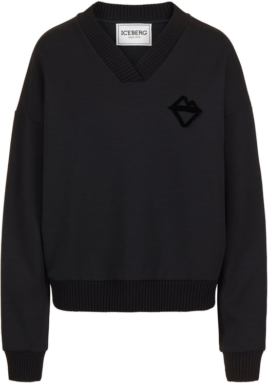 Iceberg Black V-neck sweatshirt with embossed Iceberg logo