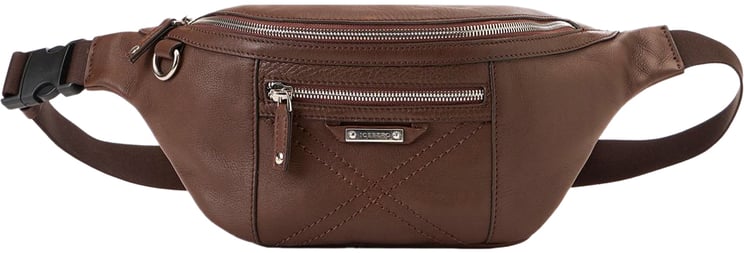 Iceberg Hazelnut leather bum bag with cross stitching and metal logo plate