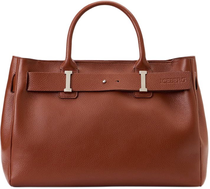 Iceberg Maxi shopper in hazelnut Prince leather with logo buckles and debossed Iceberg logo detail