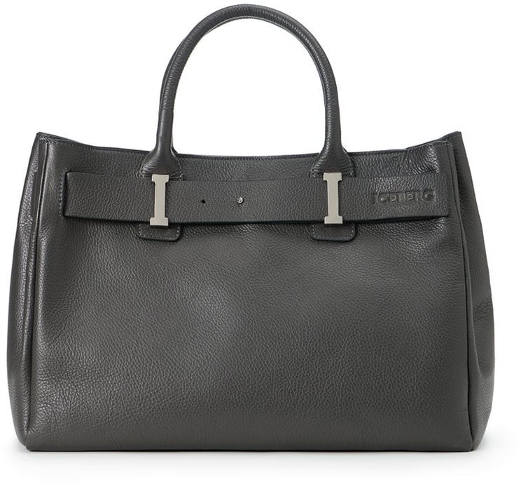 Iceberg Dark gray Prince leather maxi shopper with logo buckles and debossed Iceberg logo detail