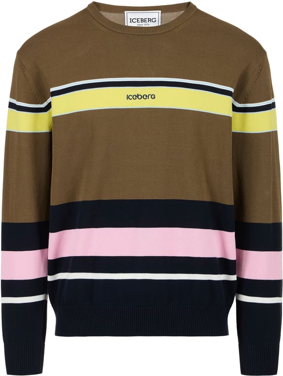 Iceberg Multicolored cotton crew neck sweater with stripes and logo