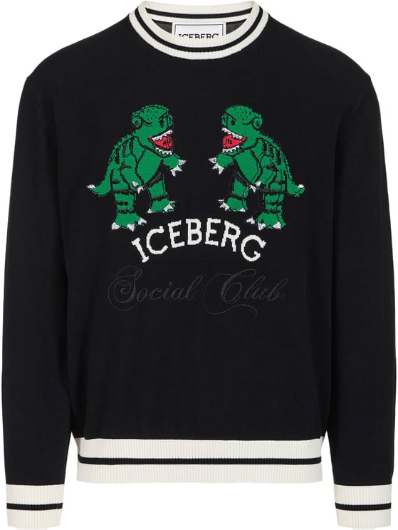 Iceberg Black cotton crew neck sweater with dragon inlay