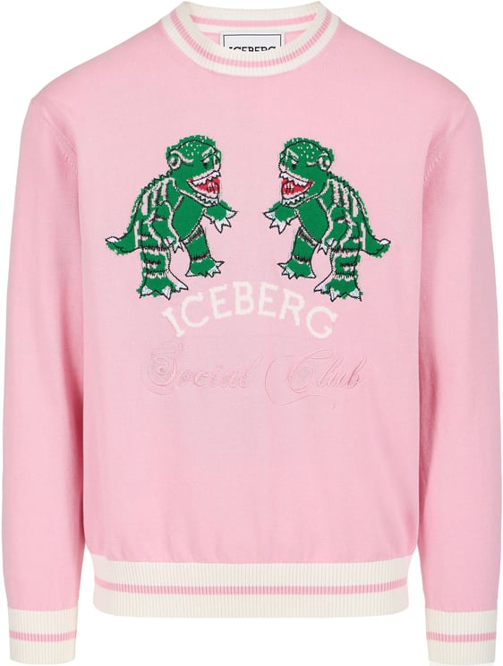 Iceberg Pink cotton crew neck sweater with dragon inlay