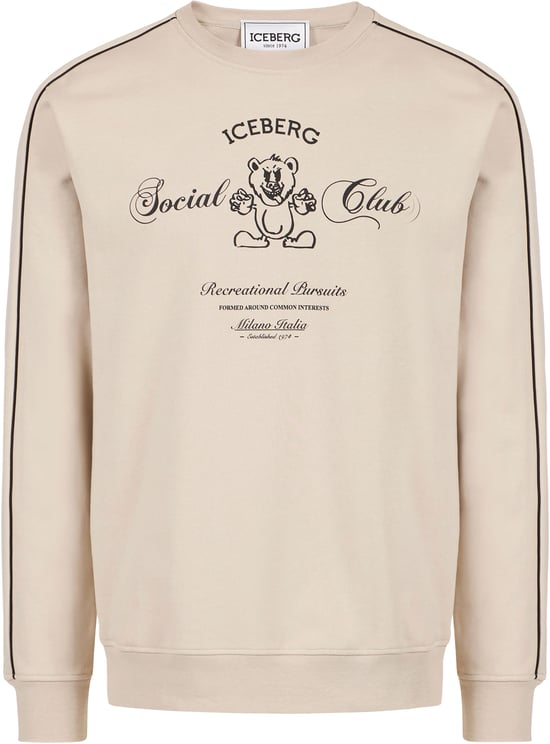 Iceberg Beige crew neck sweatshirt in diagonal cotton fabric, featuring the Iceberg Social Club print